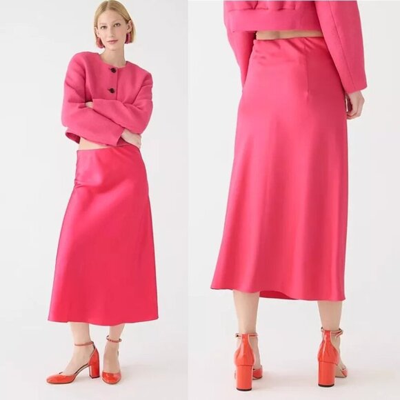 J. Crew Pink Silky Satin Pull On Elastic Waist Midi Skirt 4431 - Picture 1 of 11